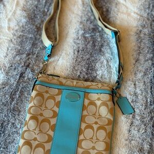Coach Tan and Blue Crossbody Bag with Signature Monogram
